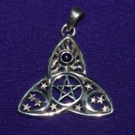 Trinity With Sun, Moon, Pentacle, Gem Silver Pendant
